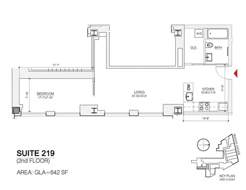 Floor plan for 1 bed, 1 bath, 642 sqft